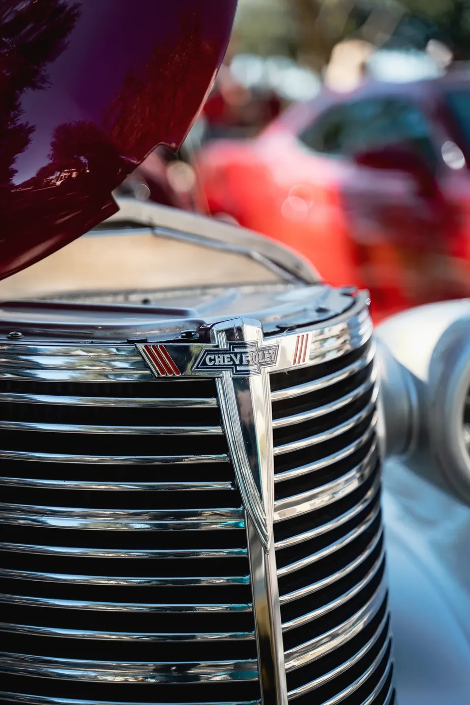 Classic car chrome grille detail photography